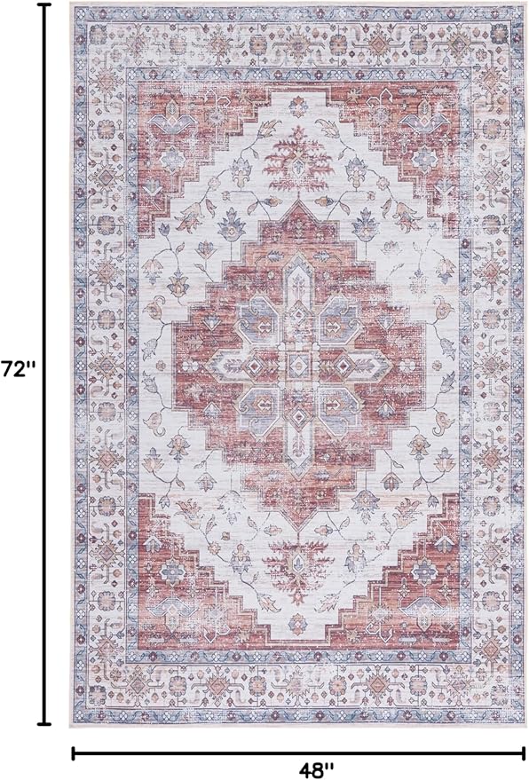 SAFAVIEH Washable Rug Tucson Collection - 4' x 6', Ivory & Rust, Slip Resistant & Easy to Clean, Ideal for Foyer, Kitchen, Nursery, Office, Bedroom (TSN109A)