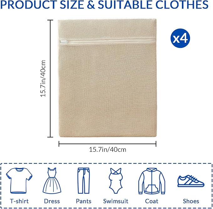4Pcs Large Cotton Mesh Laundry Bags for Delicates-Breathable Mesh Garment Underwear Bag for Washing Machine-Travel Wash Bags with Zipper for Bras Sock Clothes Laundry Dorm Room Essentials