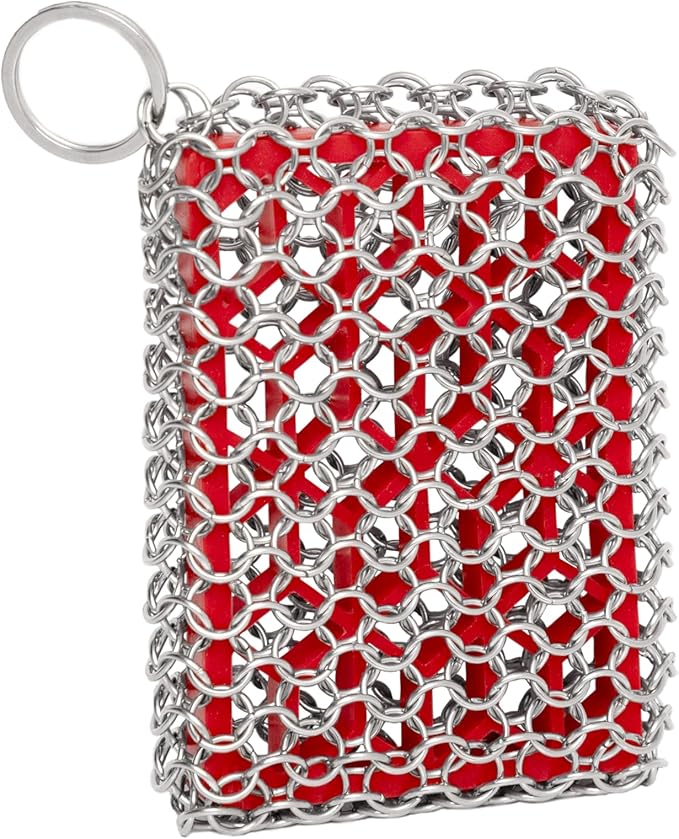 Outset Chain Mail Cast Iron Cleaner and Scrubber Tool with Silicone Support Pad