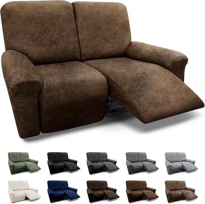 Loveseat Covers 6-Pieces Loveseat Recliner Cover 2 Seater Cover for Reclining Loveseat Cover Leather Look Recliner Slipcovers with Pockets Spandex Furniture Covers(Recliner Loveseat, Brown)
