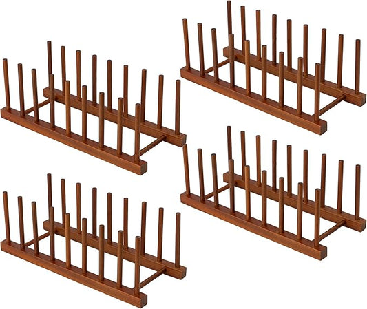 HBlife 4pcs Teak Dish Drying Rack Plates Holder Stand Kitchen Storage Cabinet Organizer for Dish/Plate/Bowl/Cup/Pot Lid/Cutting Board (8 Slots)
