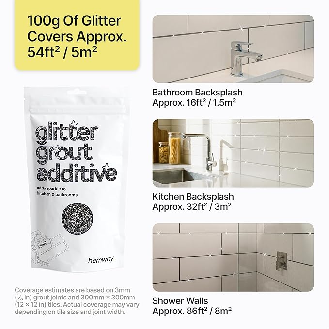 Hemway Black Glitter Grout Additive 100g Metallic Flakes for Adding Sparkle to Kitchen & Bathroom Tiles | Enhance Your Indoor Grouting Projects with a Durable Sparkly Effect