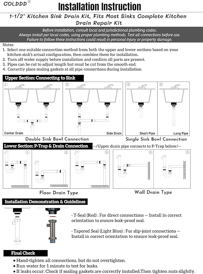 Universal 1-1/2" Kitchen Sink Drain Kit with P-Trap – Complete Plumbing Repair Kit for Most Kitchen Sinks, Includes Pipe Connectors & Installation Accessories, Easy DIY Installation
