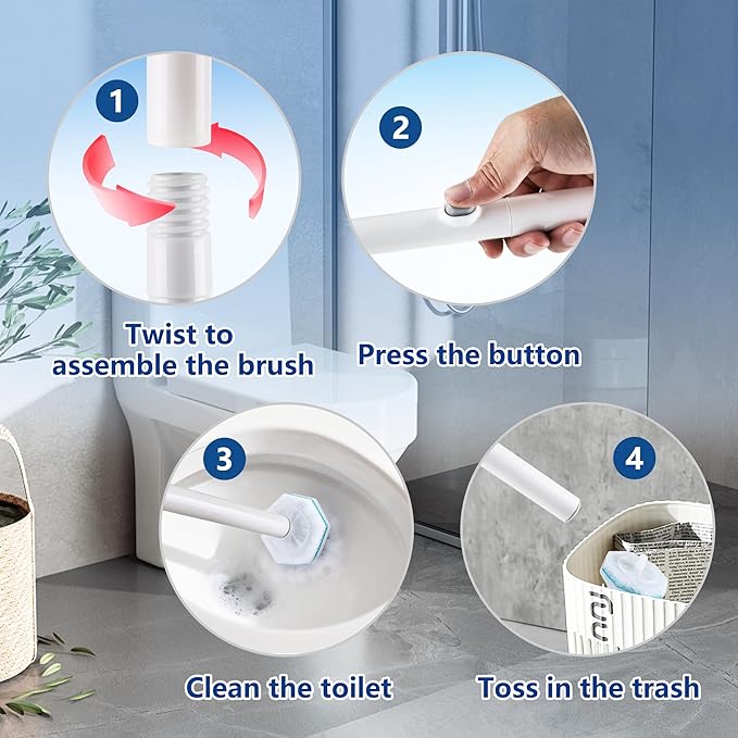 Disposable Toilet Brush with 42 Wand Refills, Wall Mounted Toilet Brush and Holder Set - Effortless Disposable Toilet Bowl Cleaner Wand (Rainforest Scent)