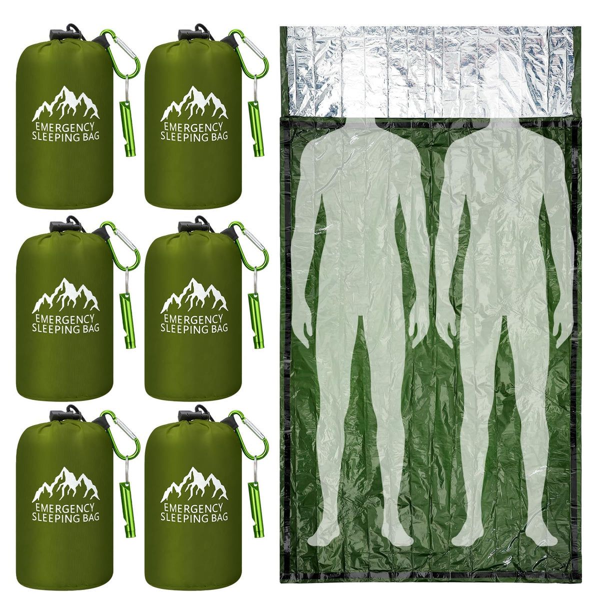 6 Pcs XL Emergency Sleeping Bag Waterproof Bivy Sack Whistle - Image 1
