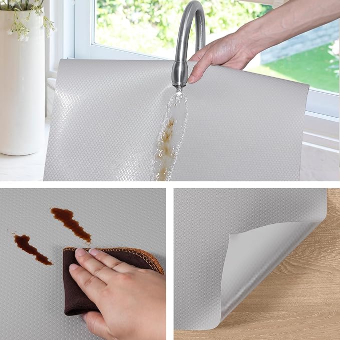 Shelf Liners for Kitchen Cabinets Non Adhesive Drawer Liner for Bathroom Waterproof Refrigerator Liners for Shelves Fridge Plastic Mats Cabinet Cupboard Liner Light Gray 11.8 x 59 Inches