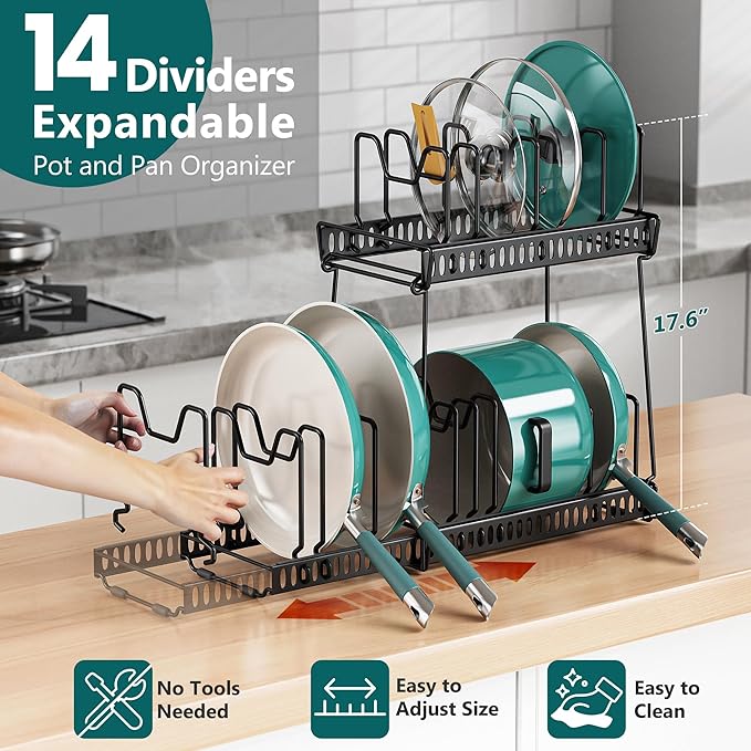 3-Pack Pots and Pans Organizer for Under Cabinet,2Tier 14 Dividers 3 DIY Method Expandable Easy Install, Kitchen Pot Pan Lid Rack Storage Holder Organizers Inside Cabinet, Black