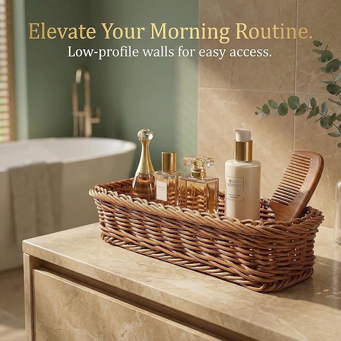 3 Pack Small Bathroom Vanity Trays, Waterproof Plastic Rattan Toilet Tank Organizers, 9.8" Slim Rectangular Topper Baskets for Guest Towel, Perfume & Candle, Washable Wicker Aesthetic (Honey Brown)