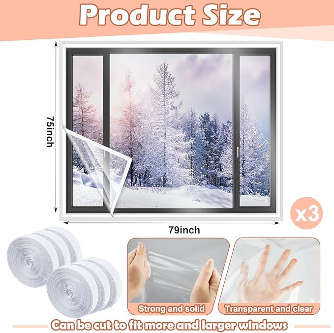 3 Set 75 x 79 Inch Window Insulation Kit Winter Window Plastic for Winterizing Home Cuttable Transparent Film with Adhesive Straps Reusable Thicken Thermal Waterproof Attic Cover Warm