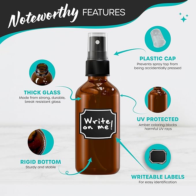 Nevlers 4 Oz Amber Glass Spray Bottles for Cleaning & Refreshment | 48 Pack Amber Glass Bottles | Mist Bottle Sprayer w/Shrink Wrap, Funnel, Brush, Marker & Labels | Small Spray Bottle for Hair & Face