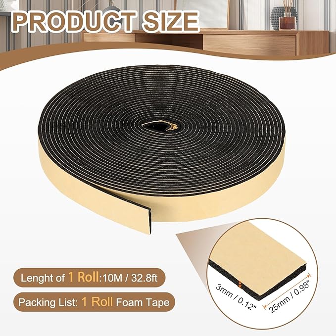 PATIKIL Foam Insulation Tape, 1" W x 1/8" t x 32.8FT Self Adhesive Weather Stripping Door Seal Strip for Door Window Air Conditioning, Black