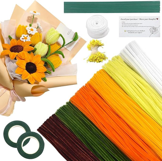 620 Pieces Golden Pipe Cleaners Craft Set, 600 Pcs Chenille Stems with 20 Pcs Flower Stems, for DIY Art and Craft Projects Creative Gift Wrapping Party Decorations(Sunflower Series)