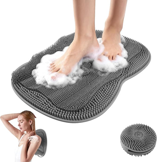 Bath Shower Foot Scrubber Mat - Silicone Shower Foot Scrubber Mat (XL) Cleaner Foot Toes Clean Pad Without Bending Non-Slip Suction Cups Bathroom mat 17.2 * 13 inch - Dark Grey