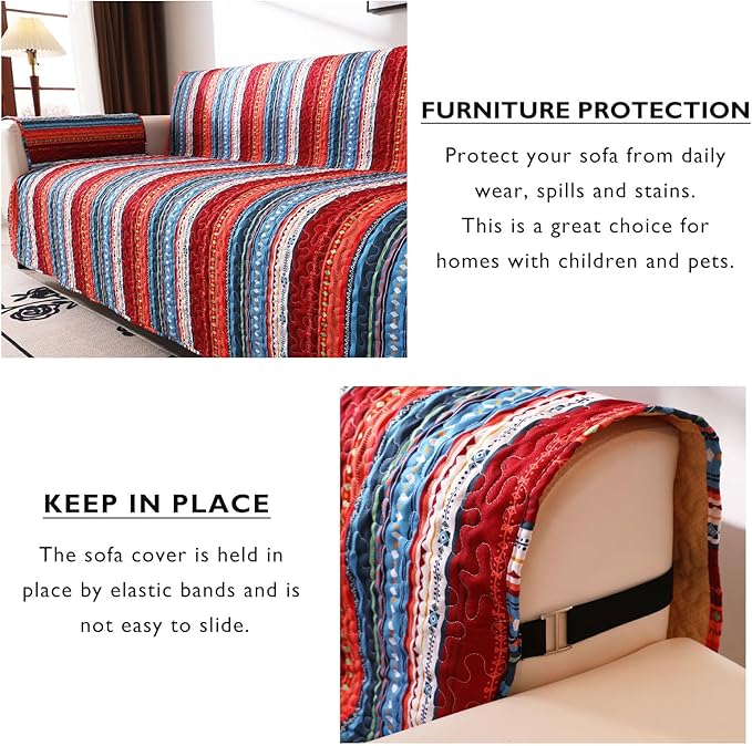 Cmfshape Skidproof Sofa Cover-Boho Sofa Slipcover with Elastic Straps-Easy Fit Slip Cover-Bohemian Washable Furniture Protector for Pets and Kids(Loveseat108 x75,Blue)