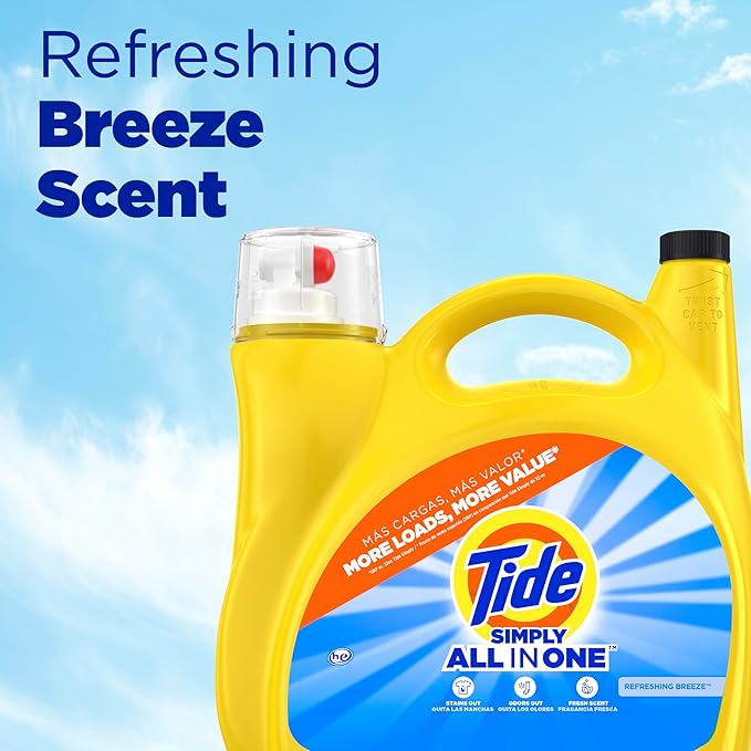 Tide Simply Liquid Laundry Detergent, Refreshing Breeze Scent, 138 Loads, 182 fl oz, All-In-One Detergent