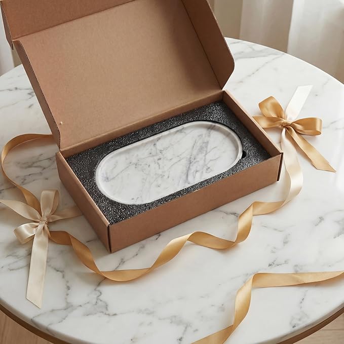 YKAJO 11.6" x 5.9" Oval Real Marble Tray for Bathroom & Kitchen Counter — 100% Natural Stone Decorative Vanity Tray for Dresser & Perfume — Heavy Catchall Organizer for Soap & Jewelry, White Gray