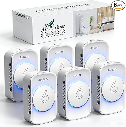 Air Ionizer for Home(6 pack), Ionic Air Purifier Plug in with 6 Carbon Fiber Tips, Ultra Quiet Portable Air Cleaner for Kitchen Bedroom Office Bathroom,Energy Efficient with Blue/Warm White Mood Light
