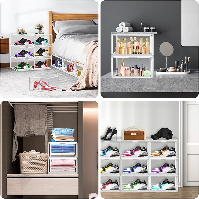 14 Pack Clear Shoe Boxes Size 12 Shoe Storage Organizer for Closet Stackable Shoes Rack Handbag Organizer Plastic Sneaker Storage Bin with Magnetic lids