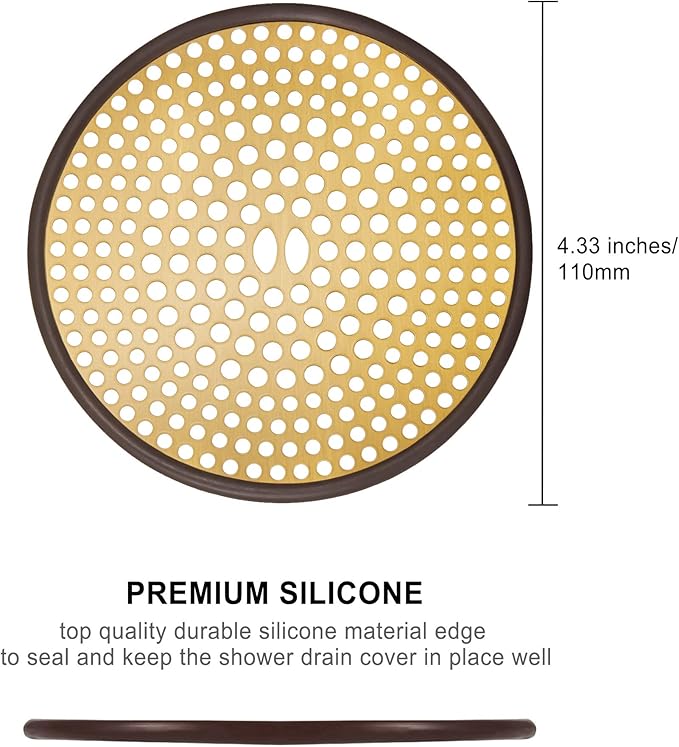304 Stainless Steel Hair Catcher Shower Drain Cover with Silicone, Shower Stall Drain Strainer, Bathtub Hair Stopper, Bathroom Hair Trap Floor Drain Protector, Brushed Gold Brass 4.33 Inch Round Flat