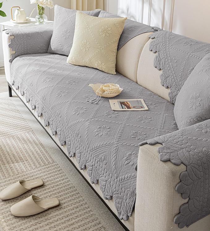 Cotton Quilted Dog Couch Cover for Sofa Farmhouse Rustic Embroidery Sectional Couch Cover Soft Anti-Slip Sofa Slipcover Furniture Protector for Kids, Pets (Grey,28"x59")