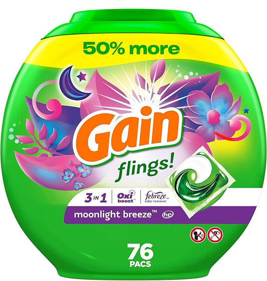 Gain Flings Laundry Detergent Pacs, 76 Count, Moonlight Breeze Scent, with Odor Defense, concentrated laundry soap pacs