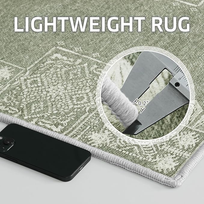 NICETOWN Machine Washable Sage Green Rug - 4 x 6 Rugs for Living Room Non-Slip Bedroom Vintage Trellis Ultra-Thin Throw Carpet for Dining Room Office