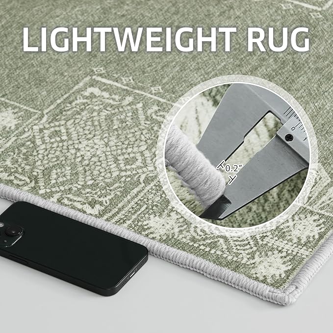 NICETOWN Washable 5x8 Green Area Rugs for Living Room, Ultra-Thin 5x8 Washable Christmas Rugs for Bedroom, Non-Slip Soft Large Bedroom Carpet Non Shedding for Dining Room Office, Sage Green