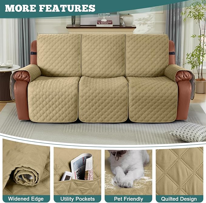 Ruaozz Waterproof Recliner Sofa Covers, 1-Piece Couch Covers for Reclining Couches Reclining Couch Cover Washable Furniture Protector with Elastic Straps Pocket for Kids Pets (Sand, 3 Seater)