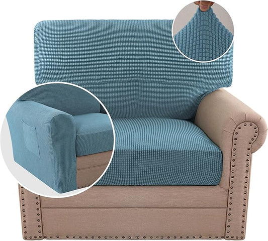 H.VERSAILTEX Multi-Pieces Chair Covers Stretch Couch Covers Form Fitted Seat and Back Cushions Covers (1 Seat Cover Plus 1 Back Cusion Cover, Bonus 2 Armrest Covers), Storm Blue
