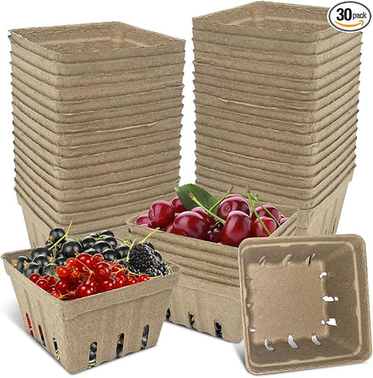 30 Pcs Natural Pulp Fiber Berry Basket, Molded Berry Basket Produce Vented Container for Strawberry Blueberry Raspberry and Vegetable Small Farmer Market Grocery Stores, Backyard Party 4.3x4.3x2.8inch