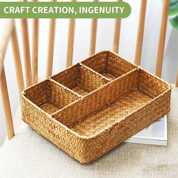 Large Wicker Baskets 4-Section Tea Bag/Sugar Packet Holder,Seagrass Woven Compartment Organizer,Storage Rattan Divided Basket,Office-Desk Baskets for Shelves,Pantry,Coffee Station Organizer-Natural