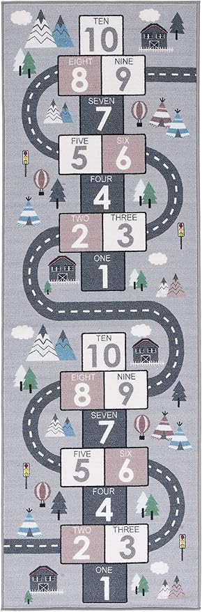 SAFAVIEH Washable Rug Kids Playhouse Collection - 2'2" x 6' Runner, Grey & Pink, Slip Resistant & Easy to Clean, Ideal for Kids Room, Playroom, Nursery, Boys & Girls Room (KPH226A)