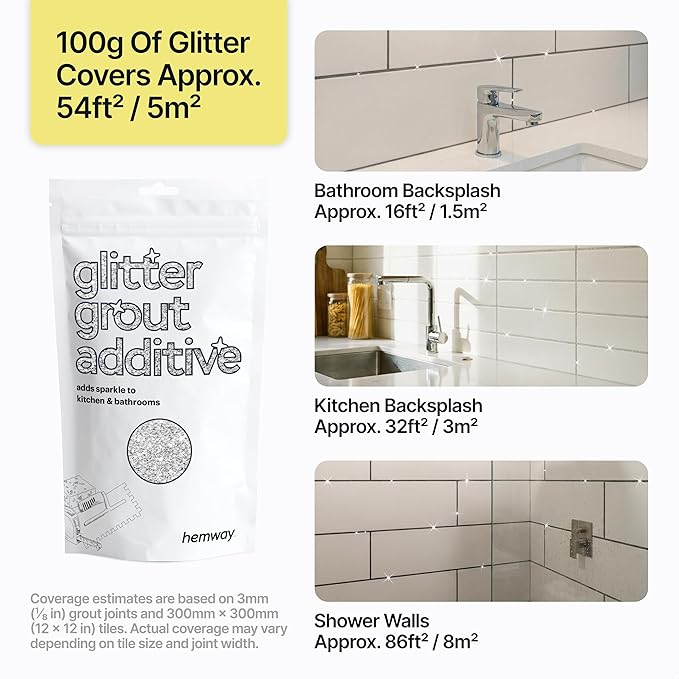 Hemway Glitter Grout Additive add Sparkle to Mosaic Tiles, Bathrooms, Wet Rooms, Kitchens, Tiled Based Rooms and Cement Based Grouts 100g / 3.5oz - Silver