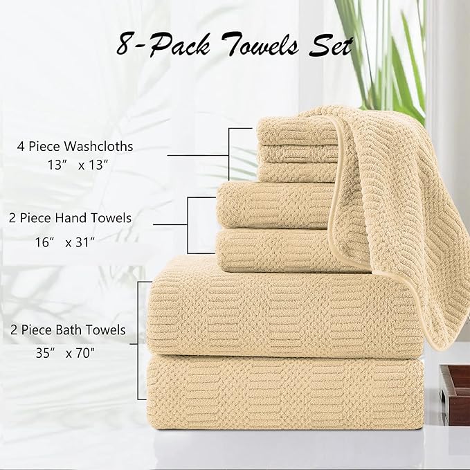 Oliven 8 Pcs Beige Yellow Oversized Bath Towel Set-2 Extra Large Bath Sheets,2 Hand Towels,4 Washcloths-600GSM Soft Highly Absorbent Quick Dry Beach Chair Towels