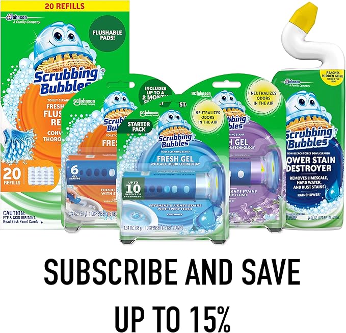 Scrubbing Bubbles Fresh Gel Toilet Bowl Cleaning Stamps,Helps Keep Toilet Clean and Helps Prevent Limescale & Rings,Rainshower Scent,1 Dispenser with 6 Fresh Gel Stamps,(Pack of 4)