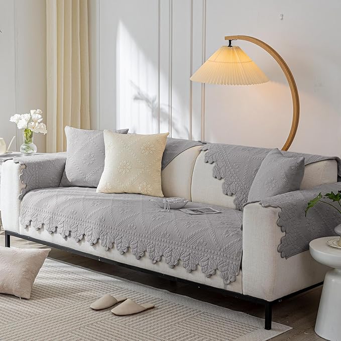 Cotton Quilted Dog Couch Cover for Sofa Farmhouse Rustic Embroidery Sectional Couch Cover Soft Anti-Slip Sofa Slipcover Furniture Protector for Kids, Pets (Grey,36"x63")