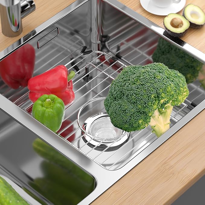 Sink Rack,Sink Protectors for Kitchen Sink,11.5" x 13.8",Stainless Steel Sink Grid for Bottom of Sink,Metal Sink Grate with Strainer,Centered Drain for Single Bowl with Corner Radius,1 pack