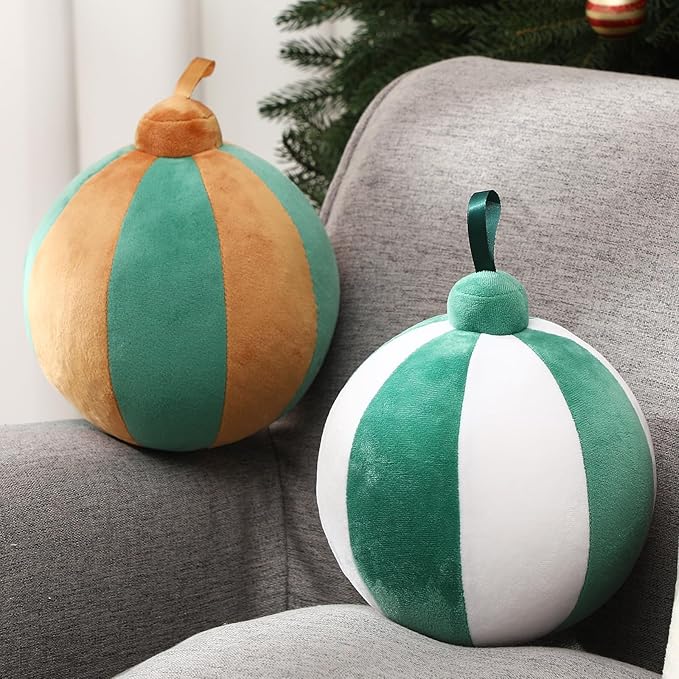 2 Pcs Christmas Pillows 7 Inch Round Christmas Ornament Shaped Throw Pillow Cute 3D Ball Xmas Throw Cushion Decoration for Bed Couch Sofa Chair Living Room(Brown Green,White)