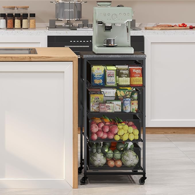 4-Tier Fruit Vegetable Storage Cart with Wheels, Wooden Top, Metal Wire Pull-Out Baskets for Kitchen Pantry, Cans and Snacks Organizer