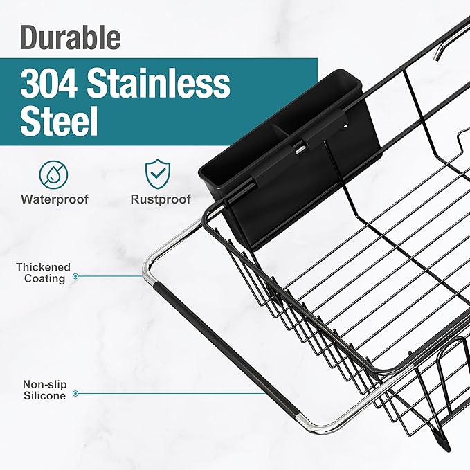 Dish Drying Rack Over the Sink In Stainless Steel Black Expandable Drainer for Small Kitchen, Counter Space Saving Compact Inside Sink Plate Dryer, Adjustable Hanging Metal Wire Strainer Drain Holder