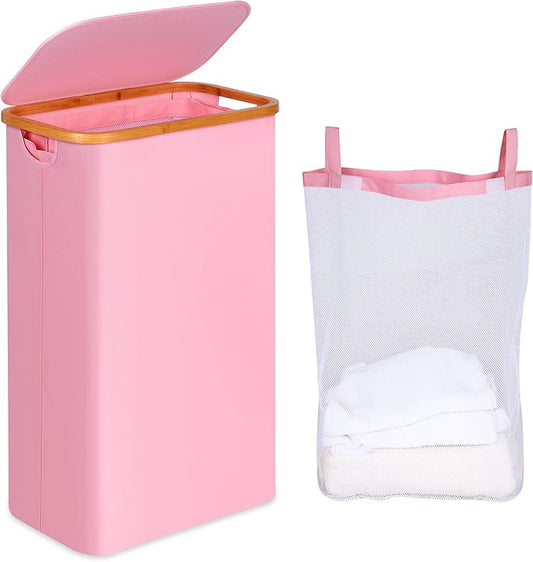 75L Slim Laundry Hamper, Narrow Laundry Basket with Lid,Foldable Clothes Hamper with Bamboo Handles,Hamper Basket with Removable Inner Bag for Laundry Room Bedroom College Dorm,19.8 Gals Pink