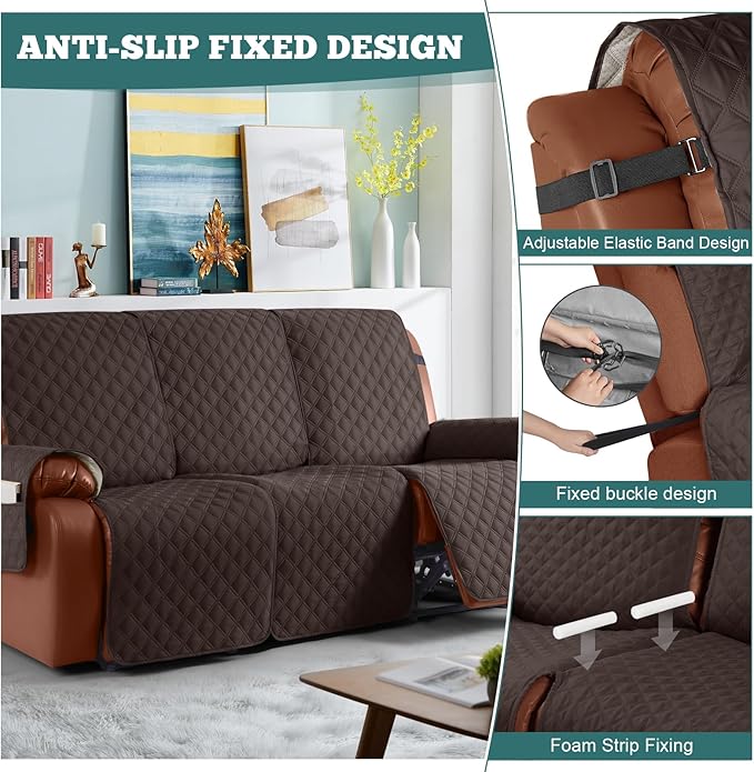 Ruaozz Waterproof Recliner Sofa Covers, Couch Covers for Reclining Couches 1-Piece Reclining Couch Cover Washable Furniture Protector with Elastic Straps Pocket for Kids Pets (Chocolate, 3 Seater)