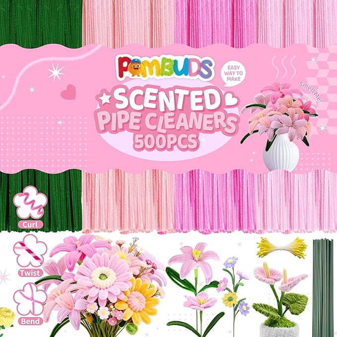 POMBUDS Lily Scented Pipe Cleaner Flower Craft Kit (Pink Theme) – 400 Chenille Stems, 20 Green Floral Stems, 2 Rolls Floral Tape, Yellow Stamens & Instruction Guide for DIY Bouquets and Decorations
