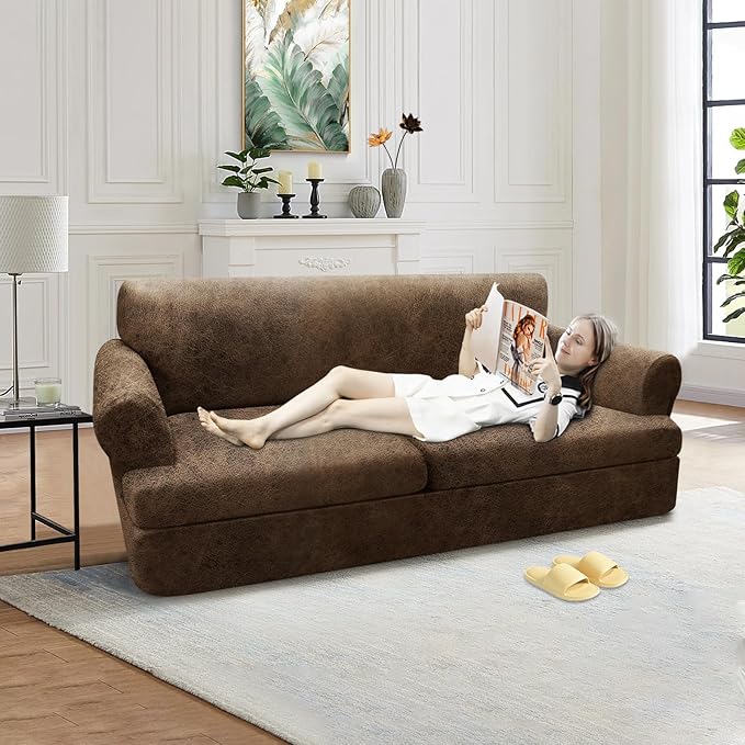 3-Pieces T Cushion Loveseat Slipcovers Leather Look Couch Cover Loveseat Covers for 2 Cushion Couch Furniture Protector Stretch Sofa Cover with 2 Individual T Cushion Seat Covers, Light Brown