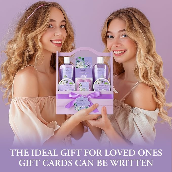 Bath and Body Gift Basket Set for Women - Jasmine Valentines Day Gifts for Women, Spa Gift Basket 13-Piece Bath Gift Set, Gift Set for Ladies Body & Bath Gifts Set Lavender Gift Baskets For Mom