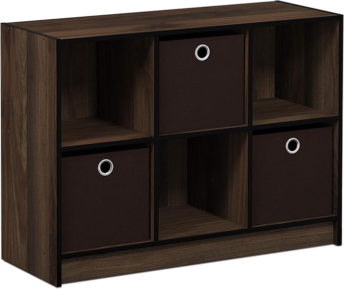 Furinno BASIC Book Shelf, 6-Cube Bookshelf with Open Shelf, 3 x 2 Bookcase with Storage Bins, Closed Back, Horizontal, 11.9" x 31.6" x 23.6", for Living Room, Bedroom, Home Office, Columbia Walnut