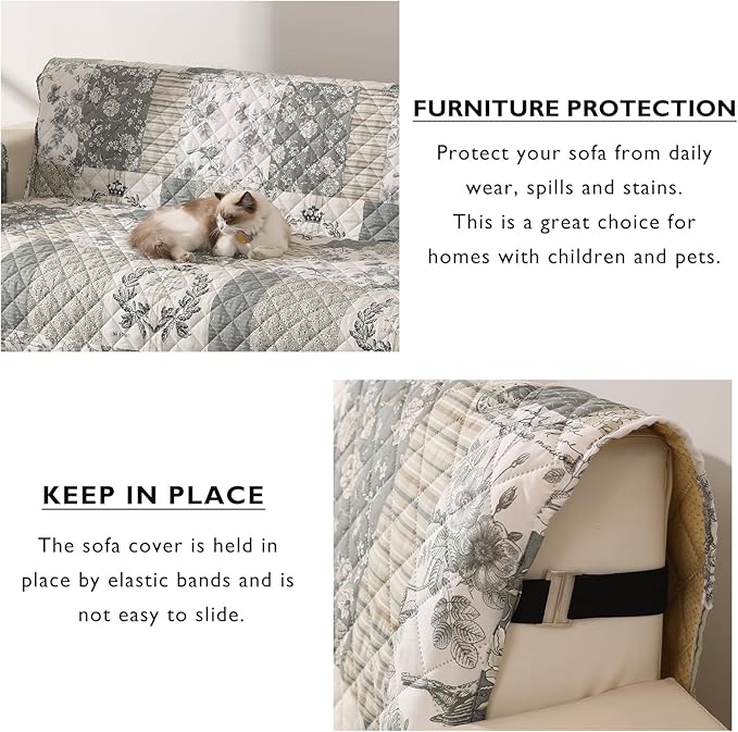 Skidproof Sofa Cover-Grey Bird Sofa Slipcover with Elastic Straps-Easy Fit Slip Cover-Washable Furniture Protector for Pets and Kids(Sofa,Grey)