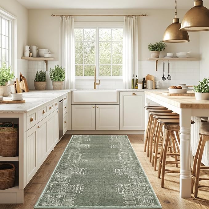 NICETOWN Green Kitchen Runner Rug- 2x6 Rug Washable Non Slip with Rubber Backing Vintage Ultra-Thin Throw Carpet Runners for Hallways Bedroom Laundry Room, Sage Green