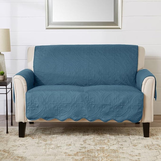 Great Bay Home Reversible Loveseat Cover - Washable Slipcover Furniture Protector with Elastic Straps - Couch Cover for Dogs, Kids, and Pets - Quilted & Stitched Detail (Loveseat, Smoke Blue/Ivory)