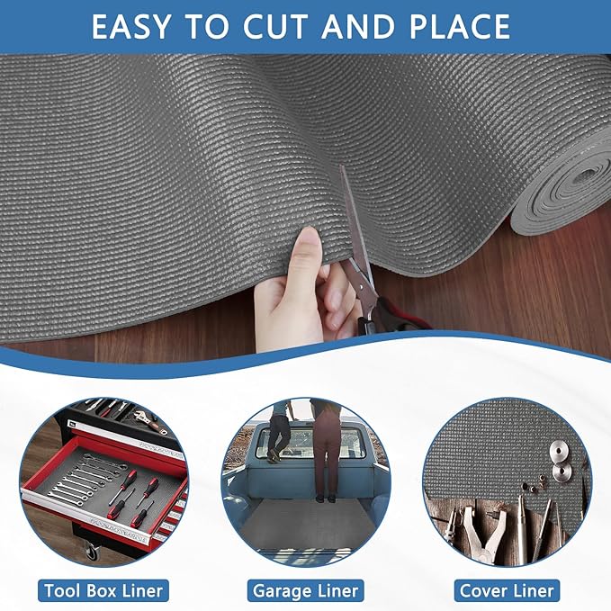 Foam Toolbox Liner Drawer Mat 1/8 Inch Thick X 20 Inch Wide X 24 Ft Long Gray, No Slip for Protecting Cabinet, Garage, Cart, Tool Box